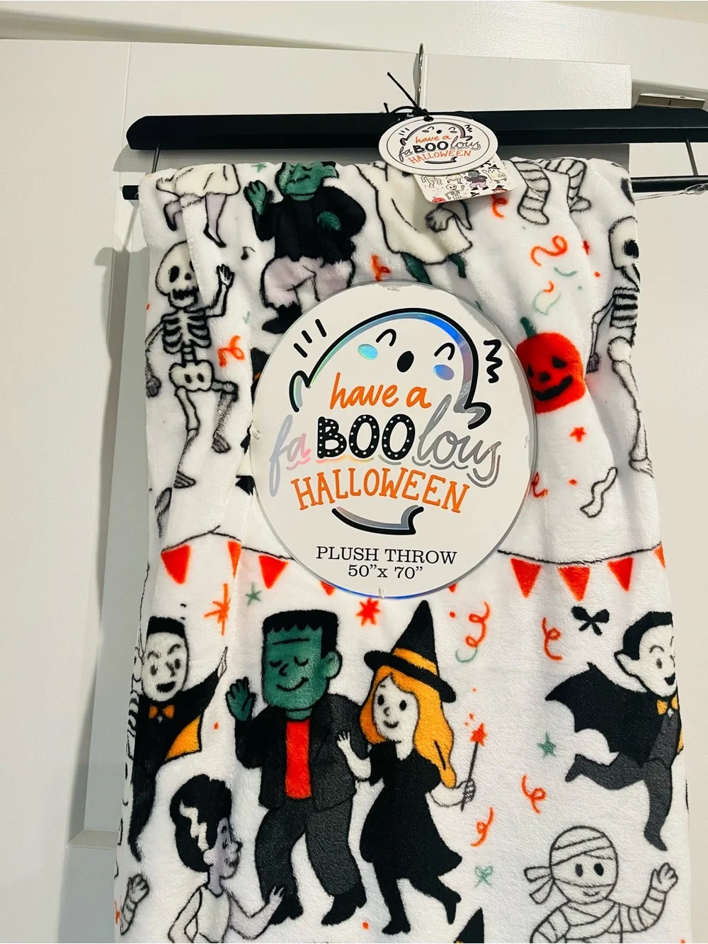 Kids Halloween Plush Throw Blanket - White with Orange & Black Accents